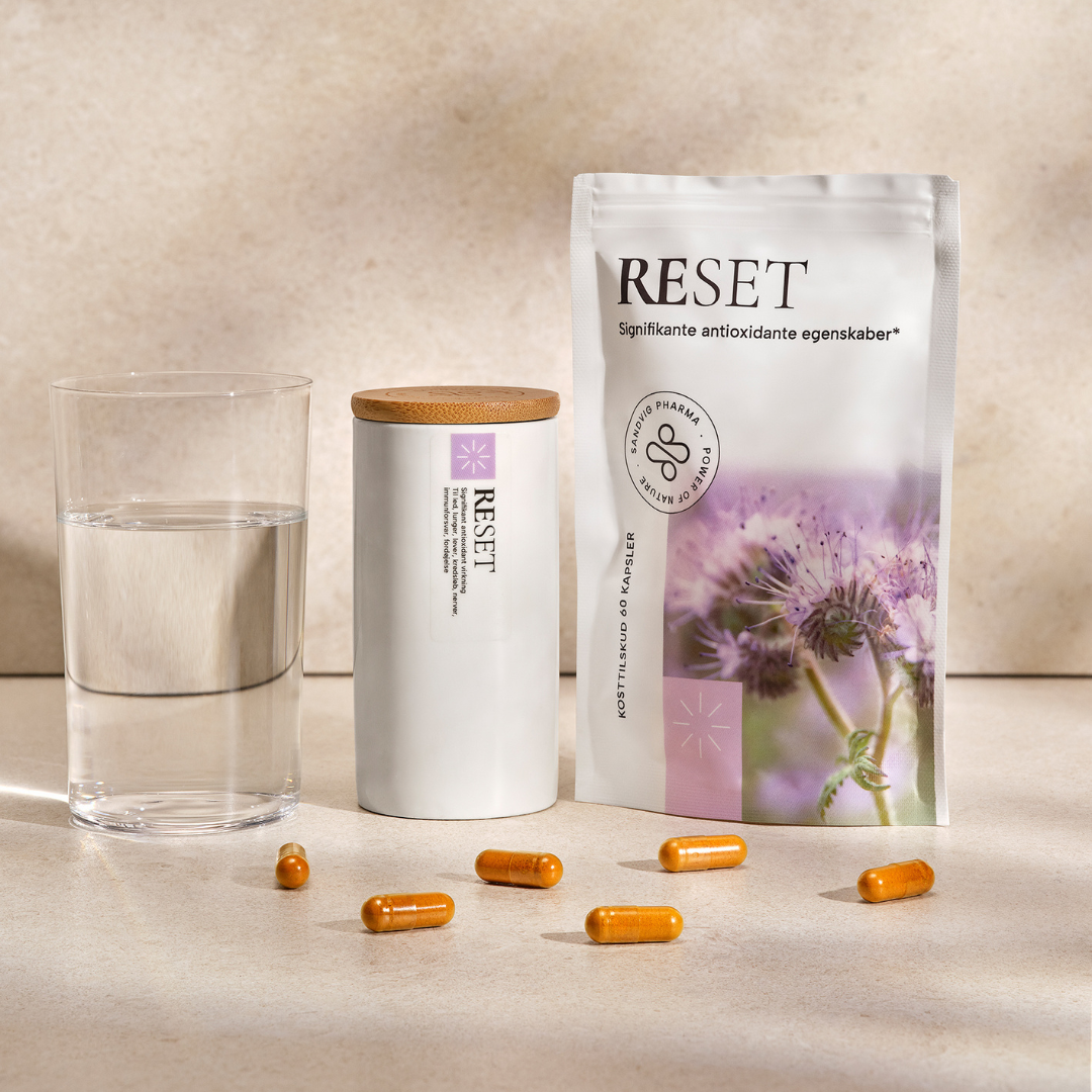 Kosttilskud og opbevaringskrukke - RESET - detox - antioxidant - naturlige ingredienser uden tilsætningsstoffer - Sandvig Pharma