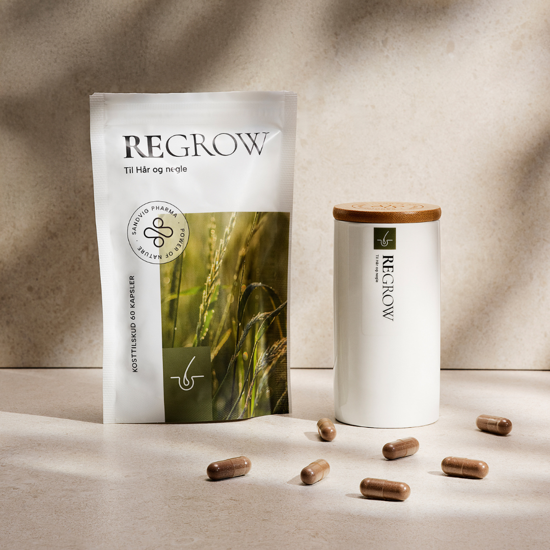 Kosttilskud og opbevaringskrukke - REGROW til hår og negle - naturlige ingredienser uden tilsætningsstoffer - Sandvig Pharma