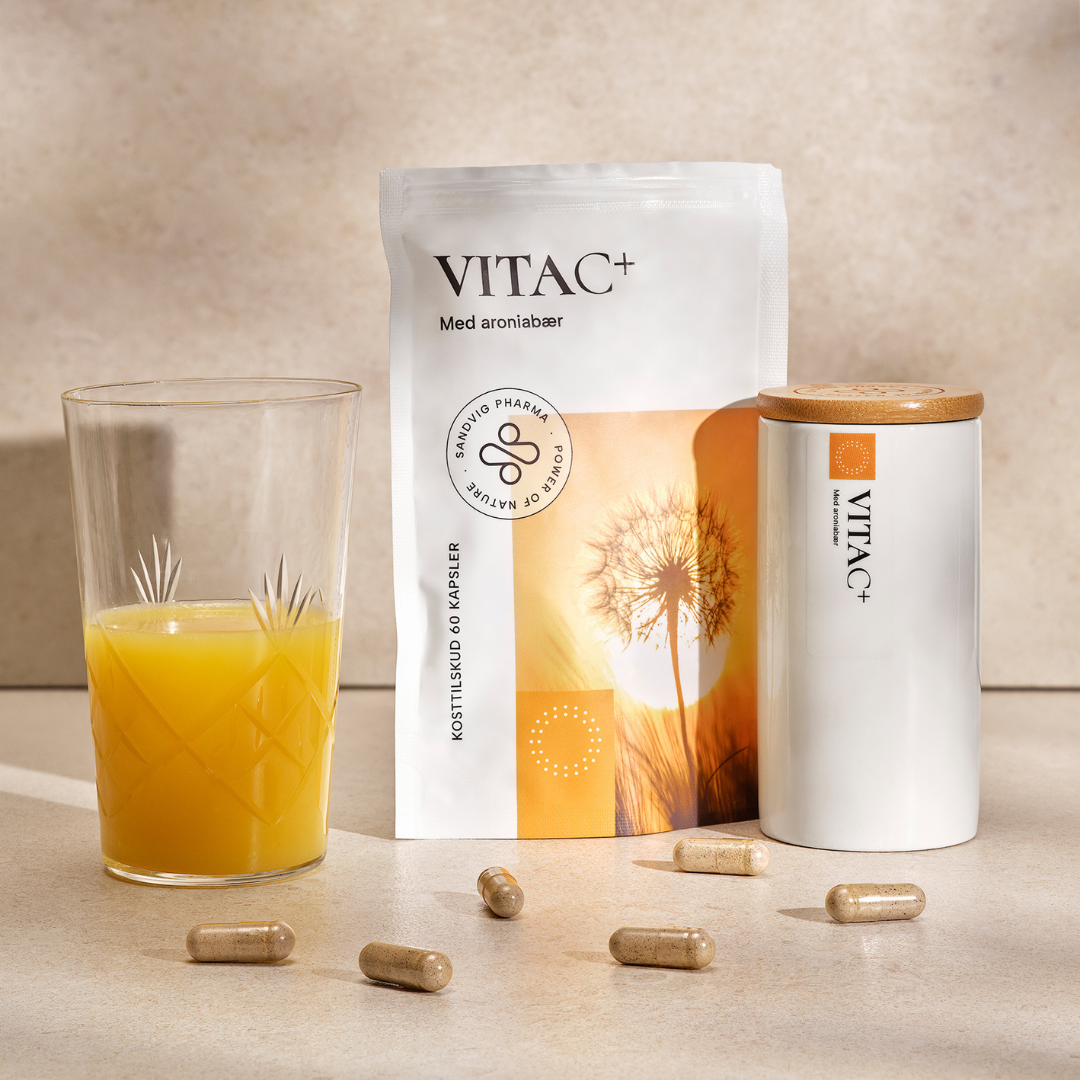 Kosttilskud og opbevaringskrukke - VITAC+ - C-vitamin & aronia - naturlige ingredienser uden tilsætningsstoffer - Sandvig Pharma