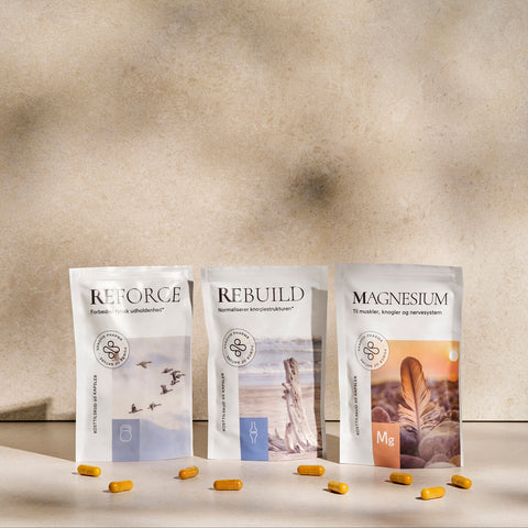 Kosttilskudspakken StrengthCare fra Sandvig Pharma bestående af REFORCE, REBUILD og MAGNESIUM