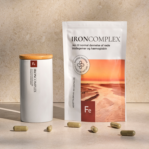 Kosttilskud IRONCOMPLEX fra Sandvig Pharma, krukke med bambuslåg og kapsler spredt på stenplade