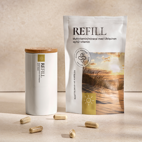 Kosttilskud og opbevaringskrukke - REFILL multivitaminer - naturlige ingredienser uden tilsætningsstoffer - Sandvig Pharma