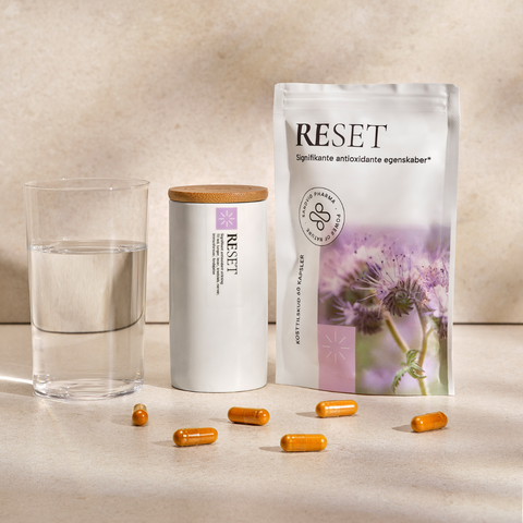 Kosttilskud og opbevaringskrukke - RESET - detox - antioxidant - naturlige ingredienser uden tilsætningsstoffer - Sandvig Pharma