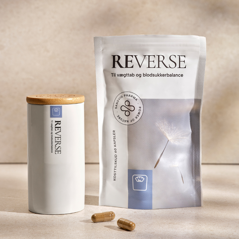 Kosttilskud og opbevaringskrukke - REVERSE til vægt & blodsukker - naturlige ingredienser uden tilsætningsstoffer - Sandvig Pharma