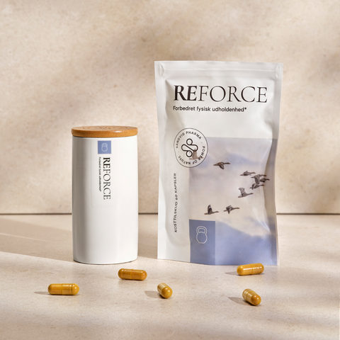 Kosttilskud og opbevaringskrukke - REFORCE - fysisk udholdenhed - naturlige ingredienser uden tilsætningsstoffer - Sandvig Pharma